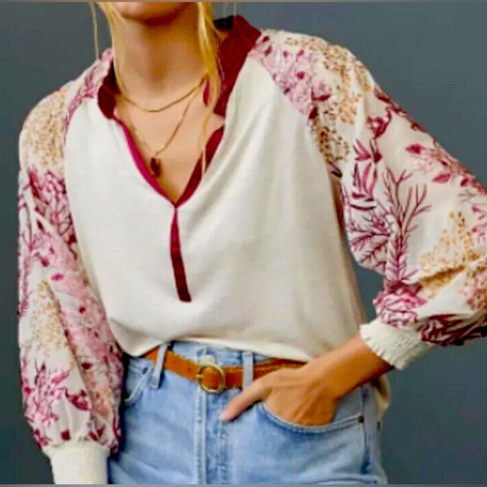 Anthropologie Ivory Maroon Embroidered Long Sleeve Blouse Size Small